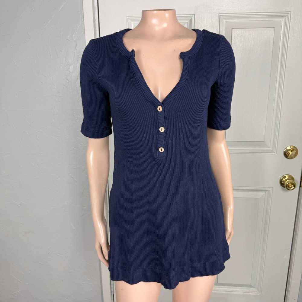 Free People Shirt XS Beach Henley Ribbed Cotton Tunic Navy Short Sleeve L3-23